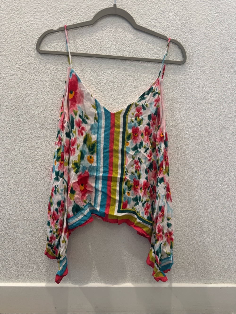 Zara floral stripe camisole w/ spaghetti straps and an asymmetrical pointed hem